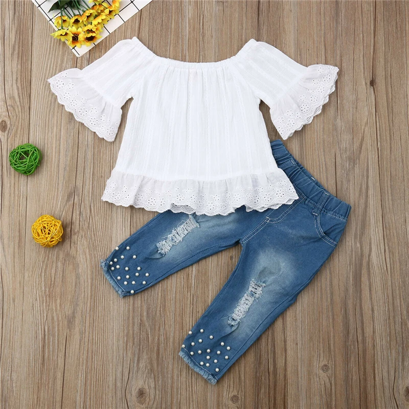 Комплекты летней одежды из 2 предметов для маленьких девочек кружевные топы с цветочным принтом и открытыми плечами джинсовые штаны Destory, джинсовые комплекты одежды