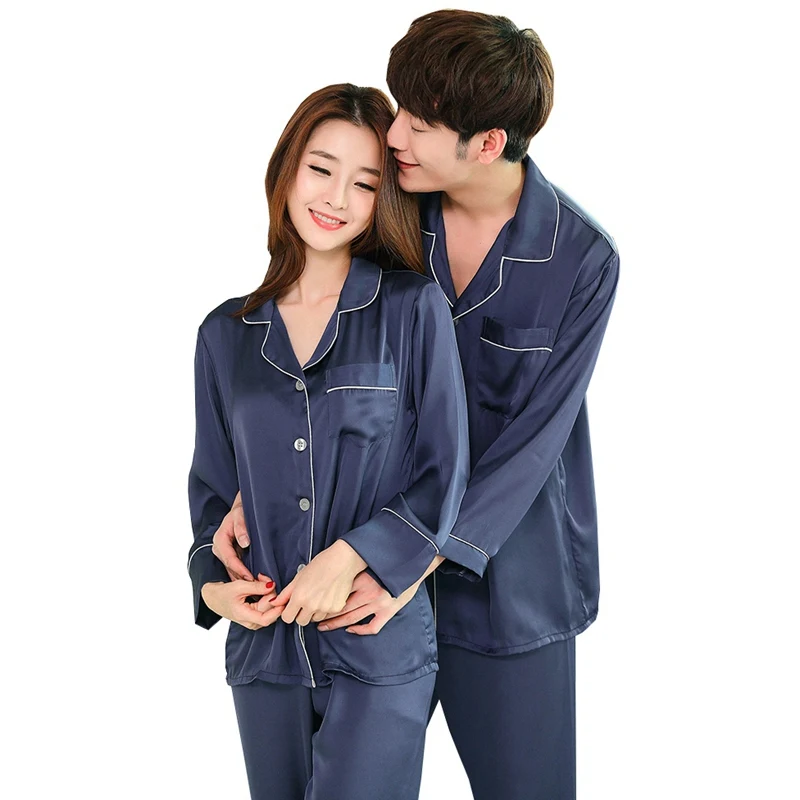 Women Pajama Silk Sets Autumn Silk Pajamas Long Sleeve Sleepwear Solid Color Long Sleeve Top + Trousers Couple Pajamas Home Wear