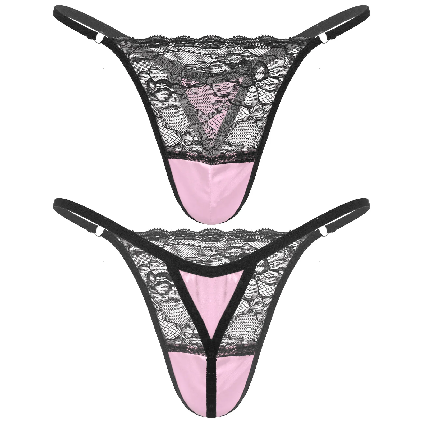 thumbnail image 1 of Ropa interior de satén Sissy para hombre, bragas transparentes de retazos de encaje, cintura elástica, Tanga con espalda en T, suspensorio de tiro bajo, 1 of 4