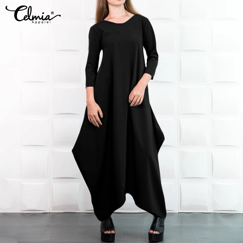Celmia S-5XL, винтажное длинное платье-рубашка, женские асимметричные вечерние платья макси с рукавом 3/4, повседневные свободные однотонные платья
