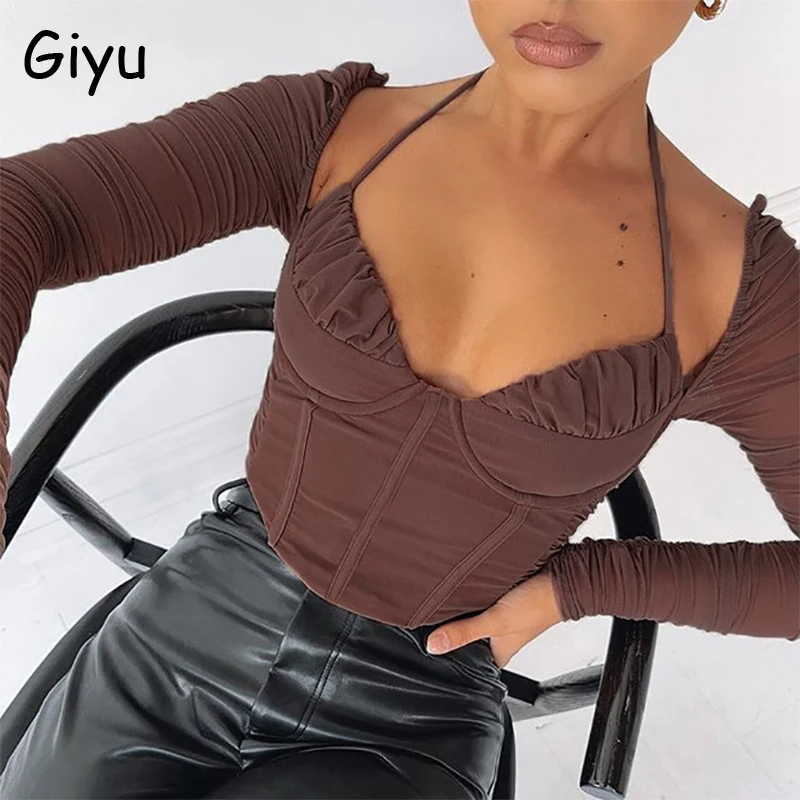 Giyu Fashion Halter Women Blouses 2021 Autumn Elegant Mesh Long Sleeve Top Female Sexy Slim Backless Lace Up Blusas Streetwear | Женская