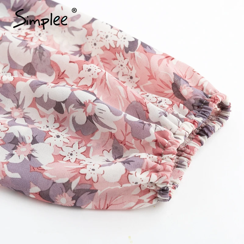 Simplee women floral print dress Elegant puff sleeve a-line chiffon sash dress High waist work wear office lady pink dress 2020