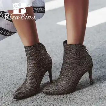 

RIZABINA 4 Color Fashion Bling Thin High Heel Shoes Women Ankle Boots Pointed Toe Zipper Office Ladies Club Footwear Size 34-43