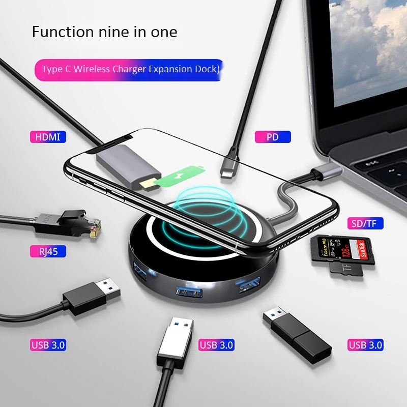 Хит-9 в 1 Qi Беспроводное зарядное устройство концентратор USB-C USB 3,1 type C к USB 3,0 HDMI RJ45 кардридер PD зарядный адаптер для iPhone Macbook