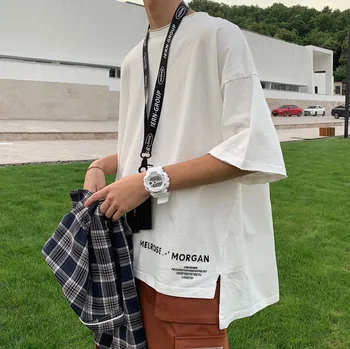 

2020 Summer New Youth Popular Irregular Stitching Five-point Sleeves T-shirt Fashion Casual Loose Pullover Black / White /Yellow