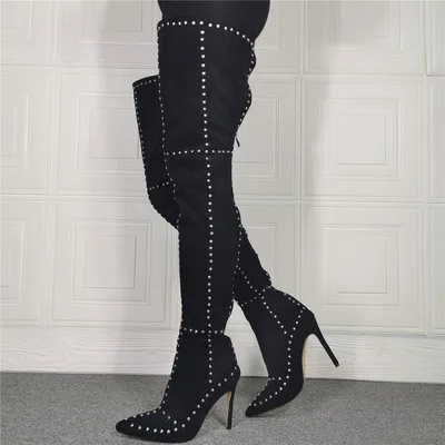 

Size 47 Winter Women Long Boots Sexy Suede Studded Rivets Over The Knee Thigh High Boots 2022 New Women Shoes Botas Altas Mujer