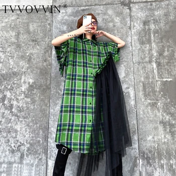 

simple Women Green Plaid Mesh Split Big Size Shirt Dress New Lapel Half Sleeve Loose Fit Fashion Tide Spring Autumn 2020 1R467