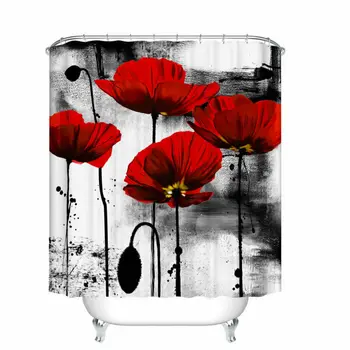 

Red Flower Ink Painting Shower Curtain Set Art Design Bathroom Decoration Connector Hooks Accessories
