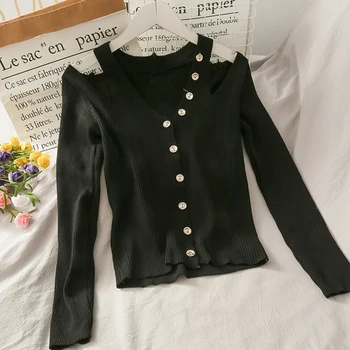 

Korean Strapless Knitted Women Sweater Jumper Harajuku Button Solid Short Cardigan Sweaters Tops White Hollow Out Female Sweater