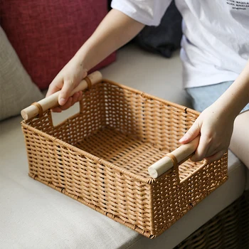 

Japanese Style Simple Wooden Handle Liiving Room Tidy Basket Multi Function Imitation Rattan Knitting Sundries Storage Basket
