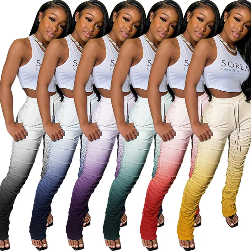 

Fashion Ladies Women Casual Trouser Long Mid Waist Drawstring Tie Dye Gradient Pleated Flared Pants Stacked Leggings