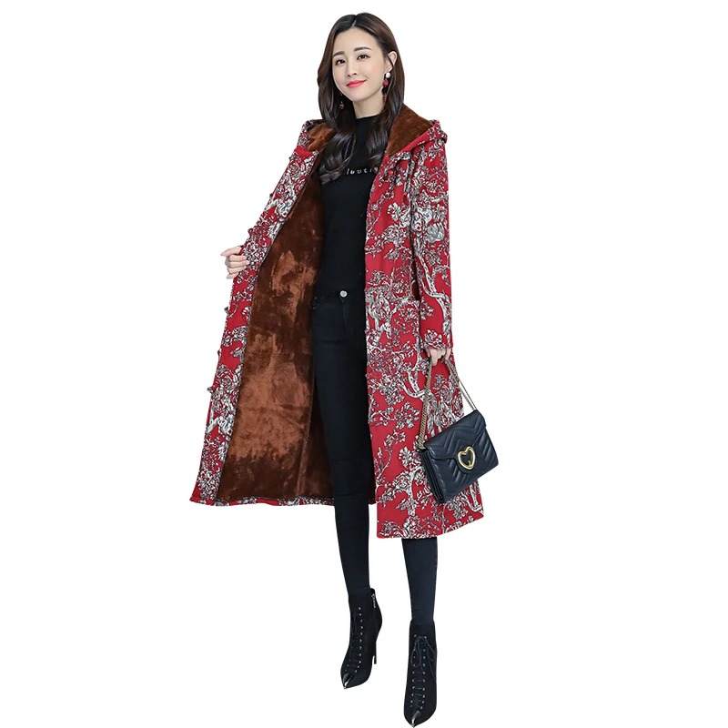 Uego Новое поступление, утепленное флисовое зимнее пальто с цветочным винтажным принтом, верхняя одежда, куртка, пальто, женское повседневное хлопковое зимнее пальто - Цвет: wine red