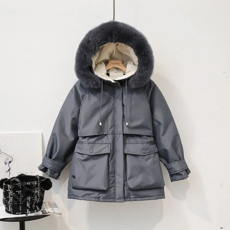 CRRIFLZ, женские зимние куртки, короткие, натуральный мех, теплый, уплотненный пуховик, 90% белый утиный пух, куртки, Лисий мех, воротник, пальто с капюшоном