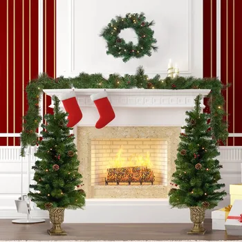 

Artificial Christmas Tree Set Pre-lit Holiday Christmas 4 Piece Set Garland,Wreath and Set of 2 Entrance Trees Xmas Decoration