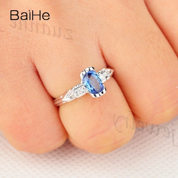 BAIHE SI/H полный разрез бриллианты 0.7ct Овальный натуральный голубой сапфир Твердые 14 к белое золото кольцо Wome украшения для помолвки Подарочное кольцо