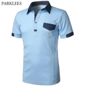 

Polo Shirt Men Polo Homme 2020 Patchwork Single Breasted Mens Polo Shirt Short Sleeve Turn Down Collar Slim Fit Camisas Polo XXL