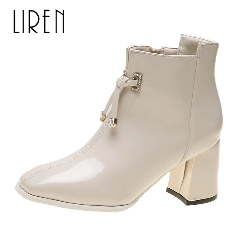 

Liren 2019 Spring/Autumn PU Women Fashion Sexy Ankle Slip-on Boots Pointed Wrapped Toe High Square Heels Lady Casual Boots