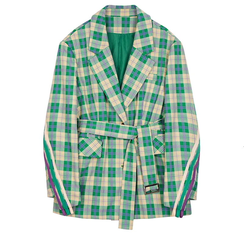 [EAM] Новинка, осенне-зимняя куртка в зеленую клетку с отворотом и длинным рукавом, свободная приталенная куртка с карманами, Женское пальто, модный тренд JR676