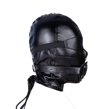 SM Leather Hood Blindfold,Head Harnes Mask With Dildo Penis Mouth Gag,Fetish Slave BDSM Bondage Gimp,Adult Sex Toy For Women Men 4