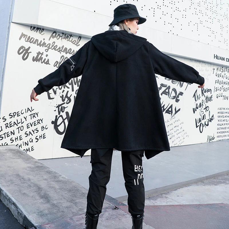 awesome  [EAM] Loose Fit Zipper Asymmetrical Big Size Jacket New Hooded Long Sleeve Women Coat Fashion Tide 