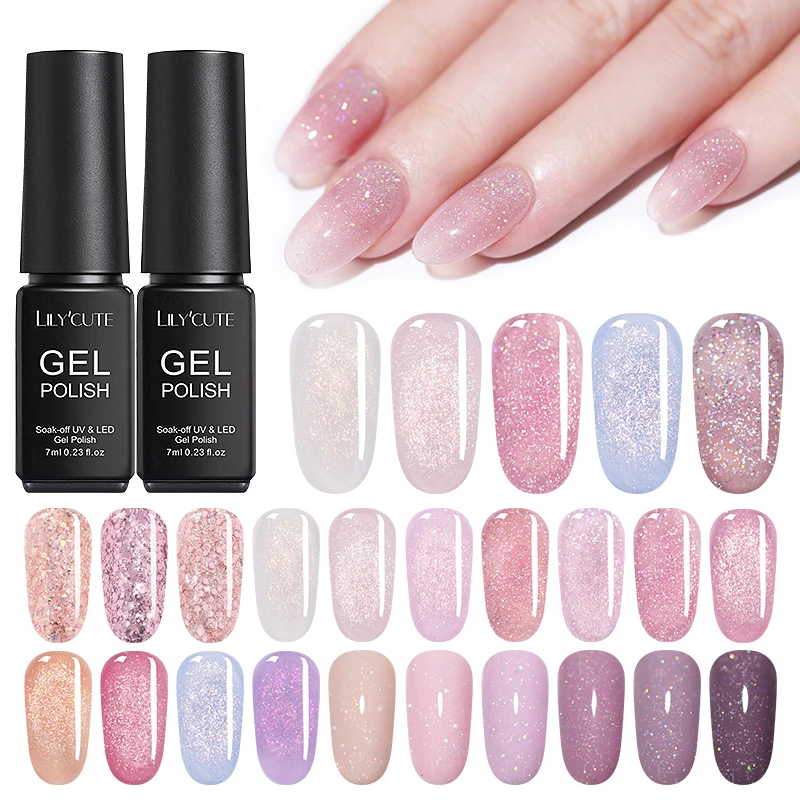 

LILYCUTE 7ml Highlights Glitter Soak Off UV Gel Semi Permanent Hybrid Long Lasting Nail Art Gel UV Polish Pink Colors Series