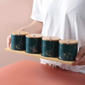 

4pcs Nordic Luxury Dark Green Stone Pattern Ceramic Seasoning Jar Set Simple Kitchen Sugar Salt Jar Vanilla Bottle Combination