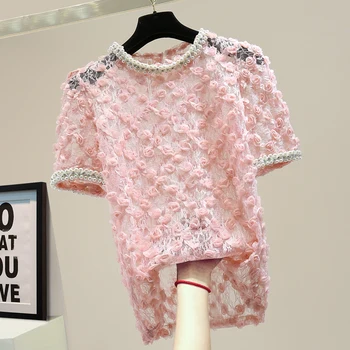 

Studded Beaded Diamond Lace Blouse for Women Ins Loose Sexy Perspective Three-Dimensional Flowers Lace Shirt Blusas Ladies Tops