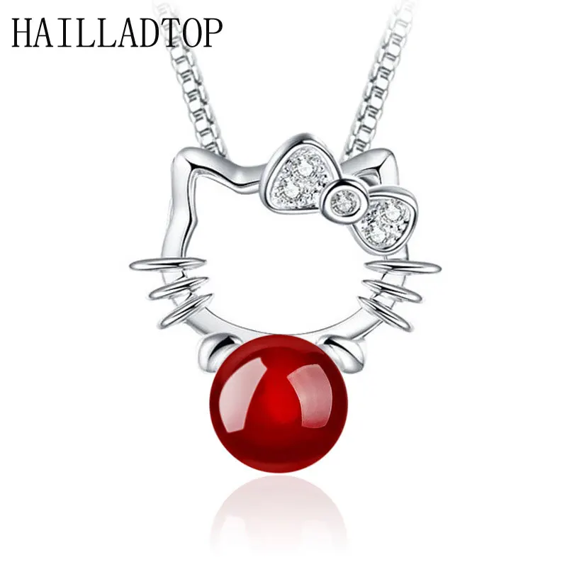 

Agate Cute Kitty Pendant Necklace Holle Kitty Silvery Sweet Zirconia Jewelry Drop Necklace Wave Chain Lady Cat Bow Choker Trendy