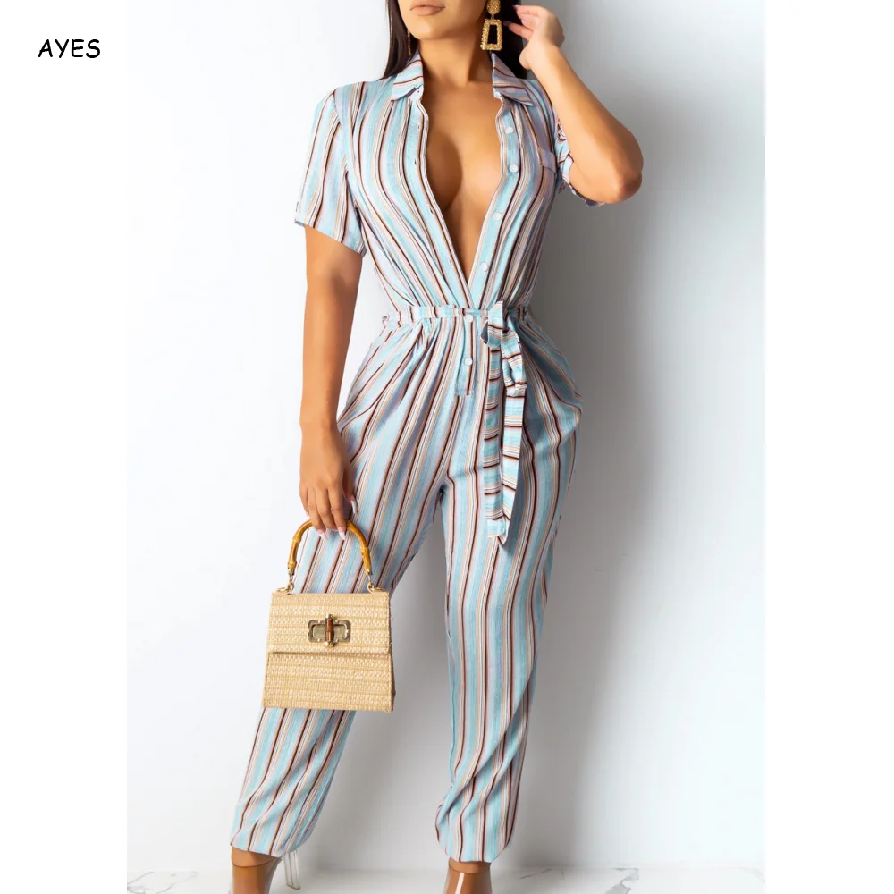 

women fashion stripes jumpsuits female short sleeve high street rompers with belt vogue jumpsuit overalls lady button up romper