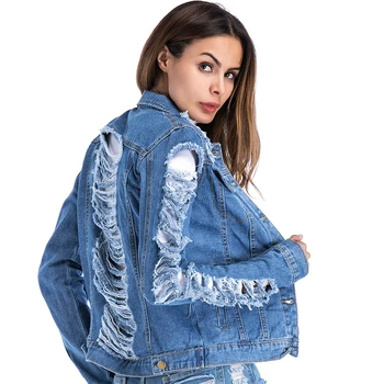 

Bf Wind Autumn Winter Women Sexy Hole tassel Denim Jacket 2018 Vintage Harajuku Oversize 5XL Loose Female Jeans Coat streetwear