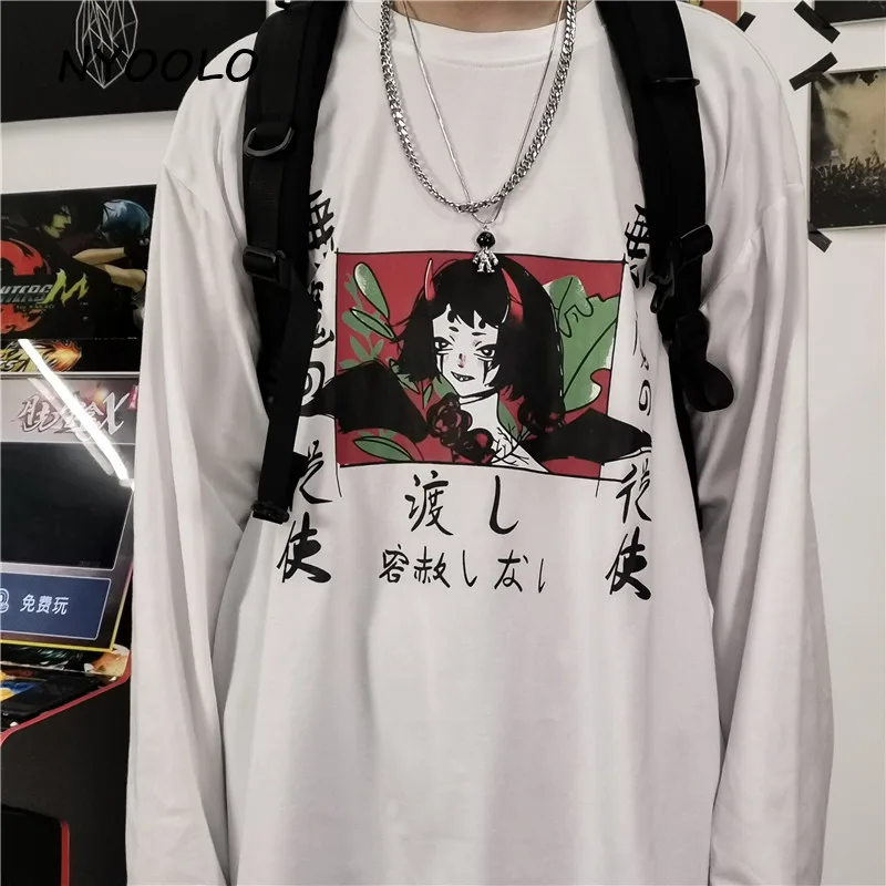 NYOOLO Harajuku стиль дьявол девушка японский буквенный принт хип-хоп футболка Топы Повседневная Уличная свободная футболка с длинными рукавами для женщин и мужчин
