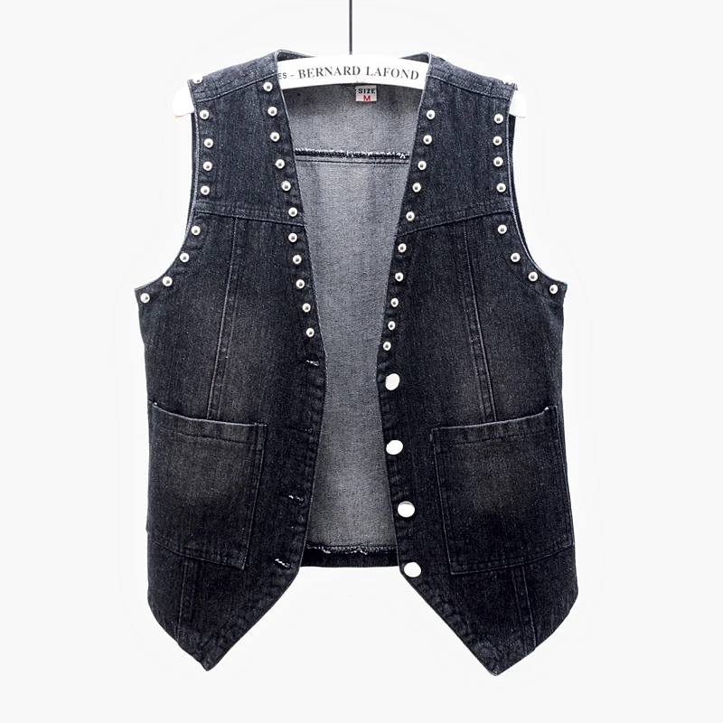 Vintage Black Blue Rivet Denim Vest Women Summer Casual Pocket Jeans