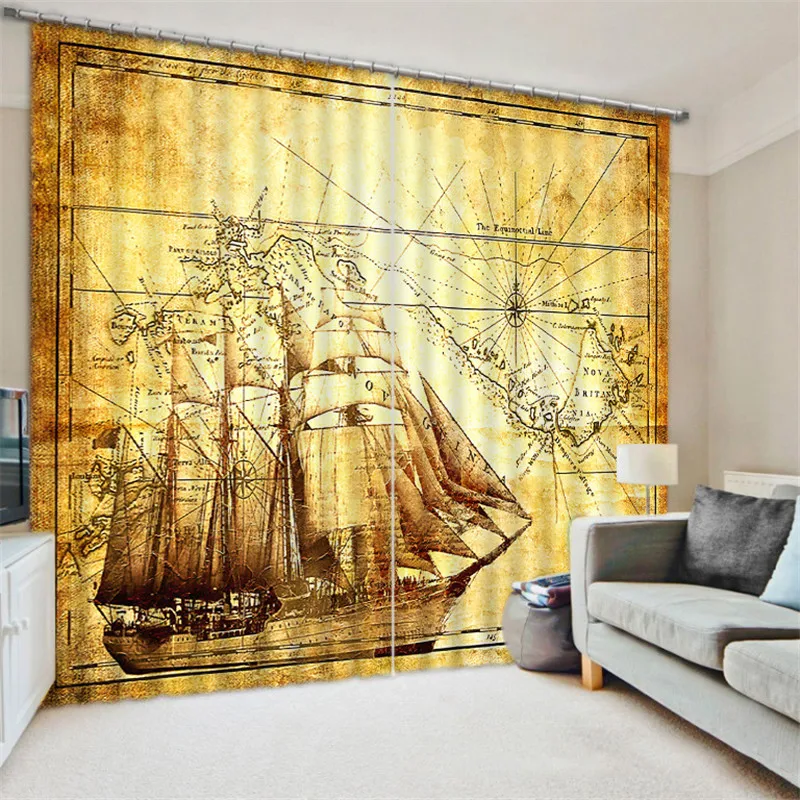 Retro Nautical chart Sea Map Bote 2 Panels/Set Curtain Block out Fabric Drapes Thermal Insulated Window Curtains Living Room