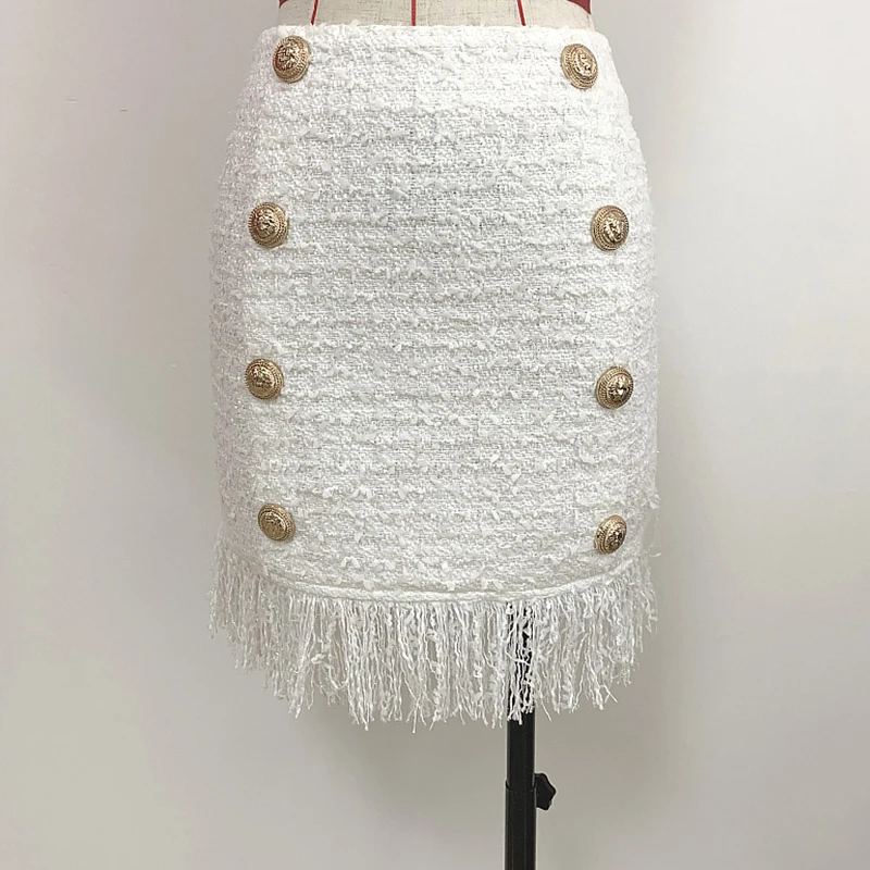 Высококачественная зимняя новая юбка короткая шерстяная с кисточками твидовая Сексуальная Офисная Женская юбка-карандаш белая двубортная Женская юбка на пуговицах