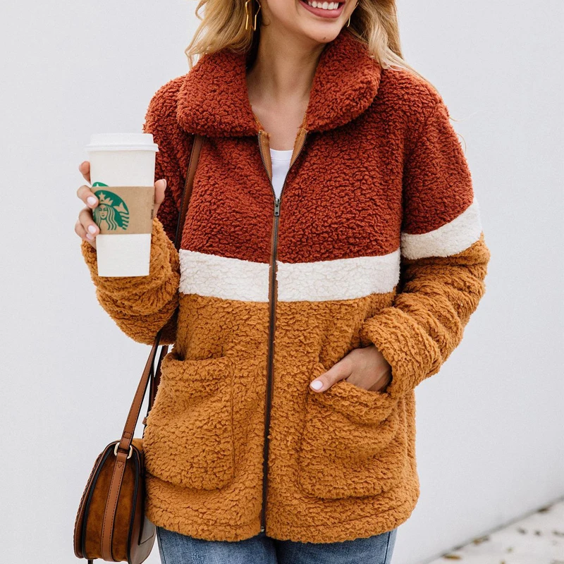 

Spring Autumn Coat Women Short Wool Blend Coat Zipper Patchwork Pocket Oversize Outerwear Wool Coat For Women