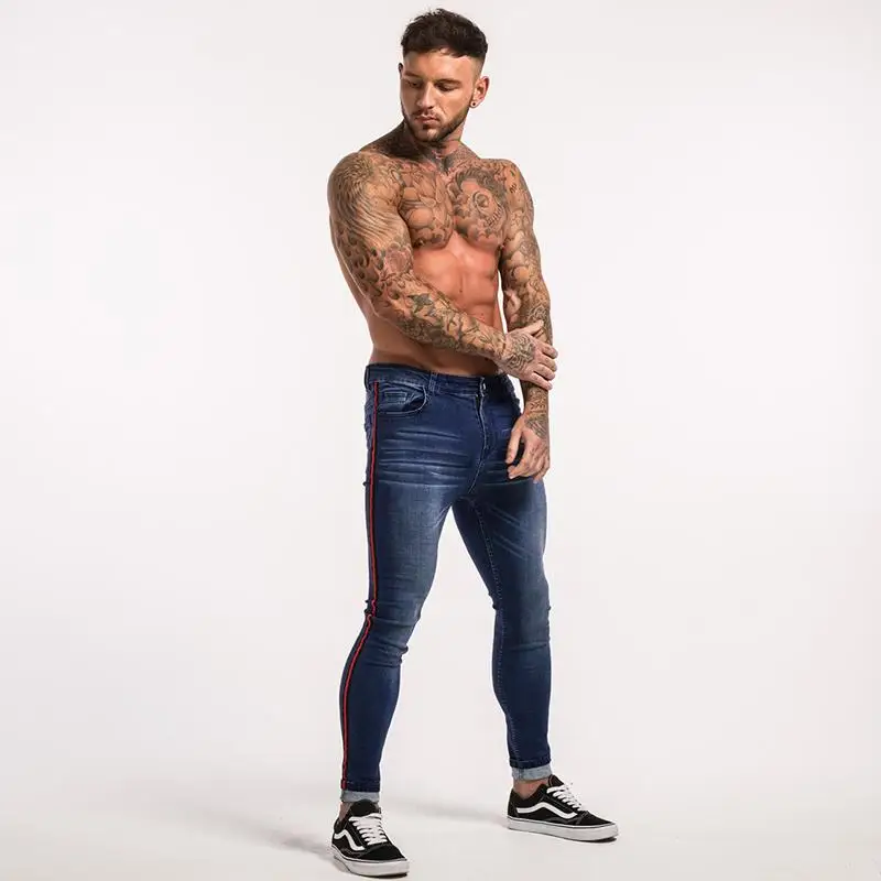 Мужские спортивные штаны в стиле хип-хоп фитнес беговое трико обтягивающее брюки мужские синие ленты Классический стрейчевый облегающий бренд Байкерский стиль облегающие джинсы