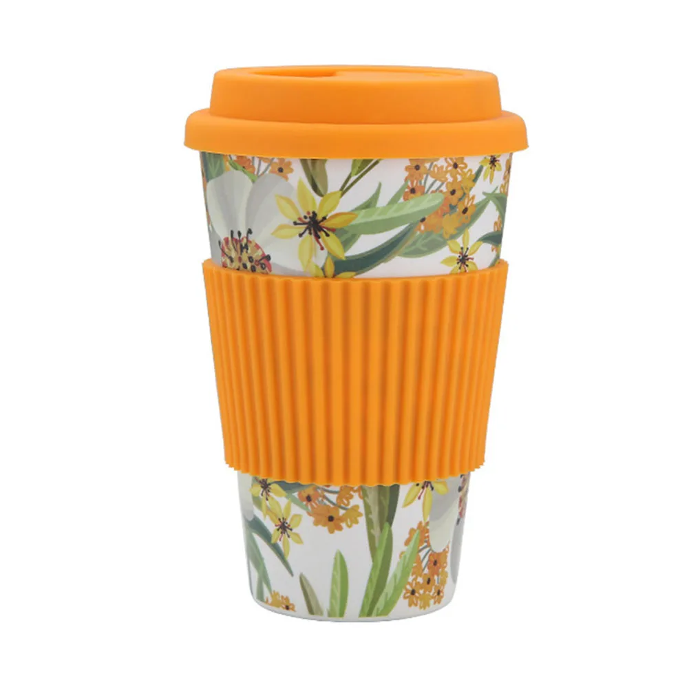 400 мл Крышка для кофейной чашки, подарок для молока, натуральный, портативный, анти-обжигание, бамбуковое волокно, многоразовая Крышка для чая, для путешествий, Экологичная с рисунком - Цвет: Оранжевый