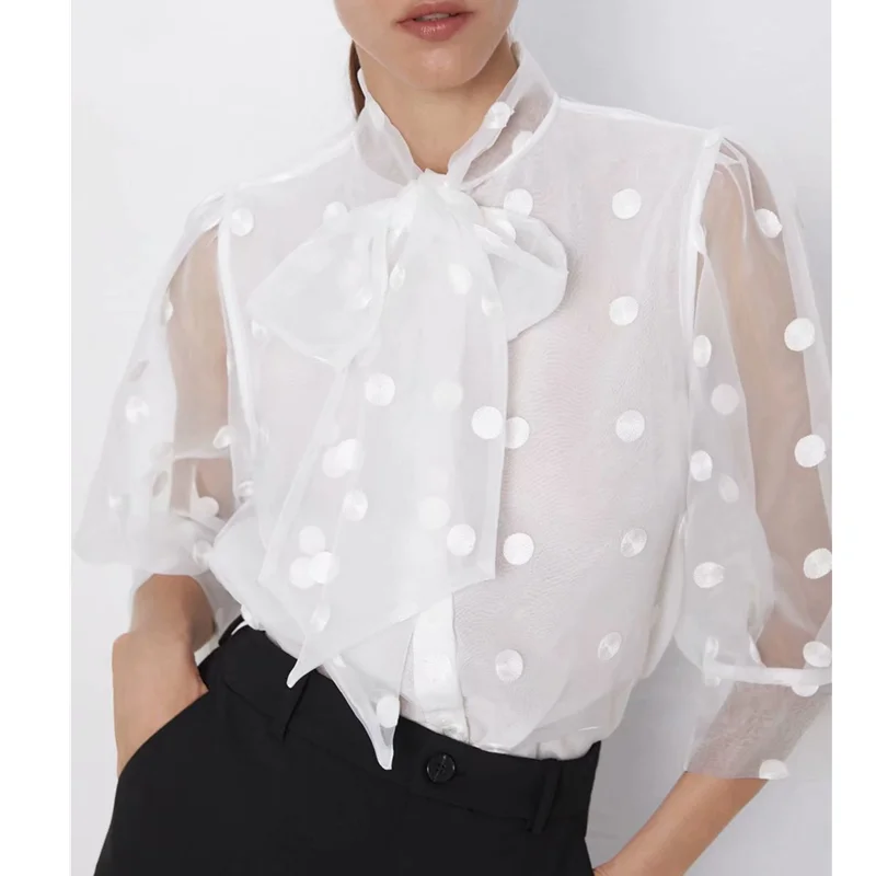 White Blouse Sexy Dot Shirt Long 