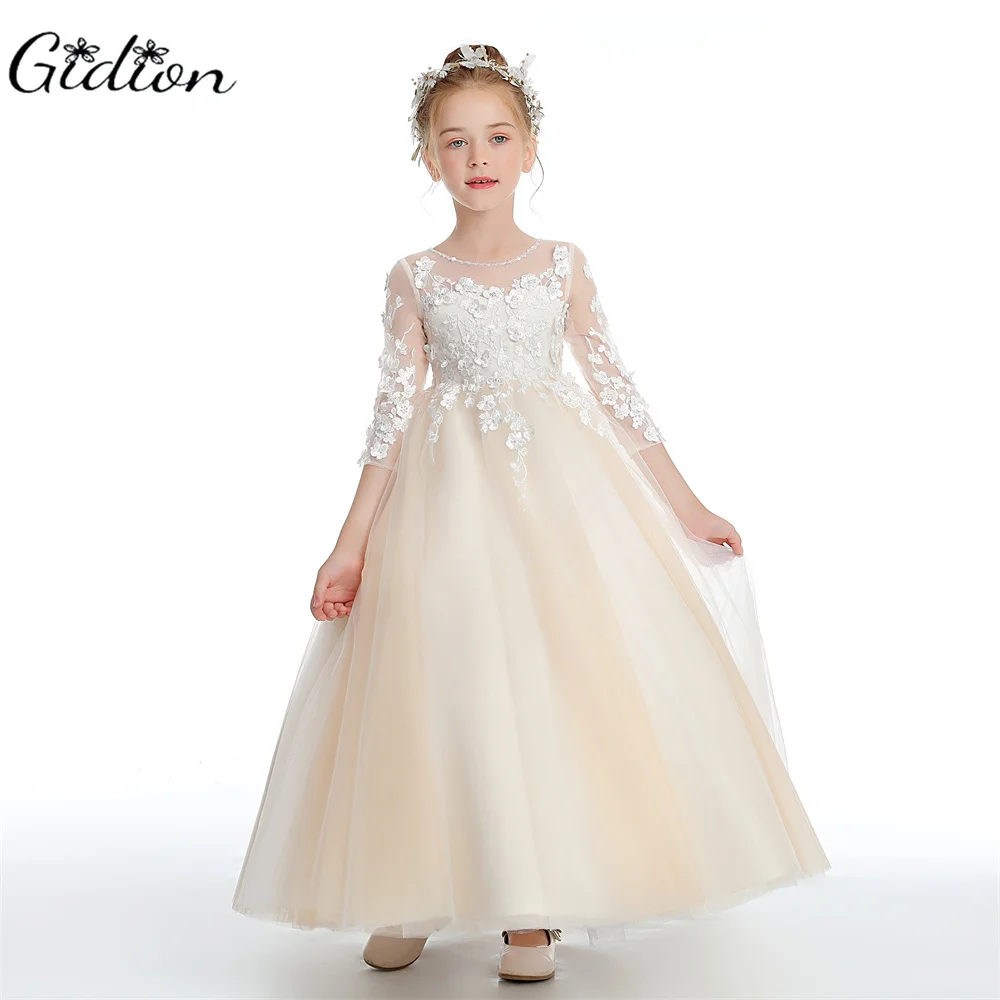 Puffy Tulle Appliques Baby Ball Gown Flower Girl Dresses Long Sleeve Princess Dress Wedding Party Dress First Communion