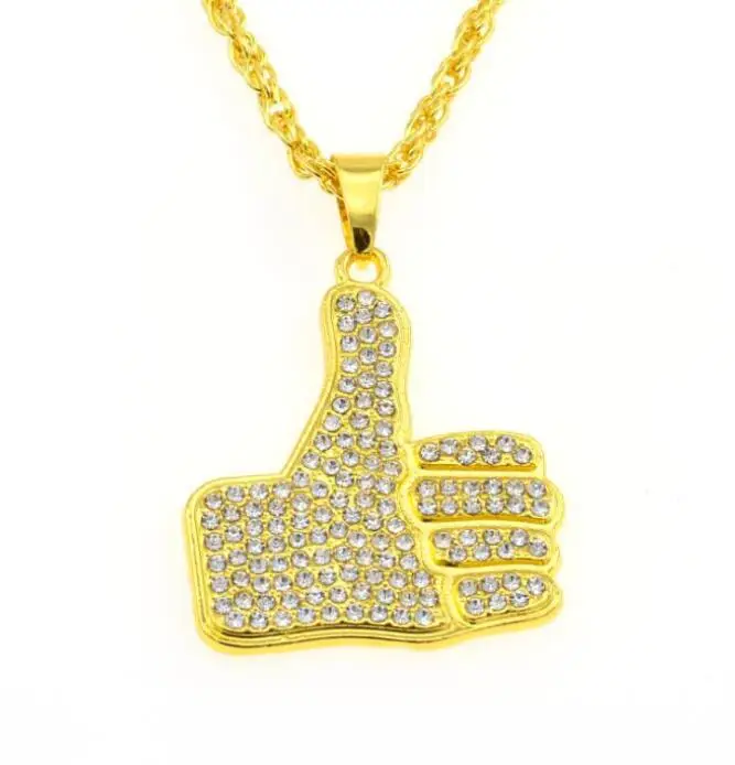 

Hip Hop Men Gold Thumb Praise Gestures Big Finger Pendants Necklaces Full Iced Rhinestone Bling Cuban Chain Punk Rock Jewelry Gi