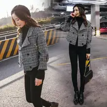 Женский Осенний короткий клетчатый шерстяной жакет в гусиную лапку