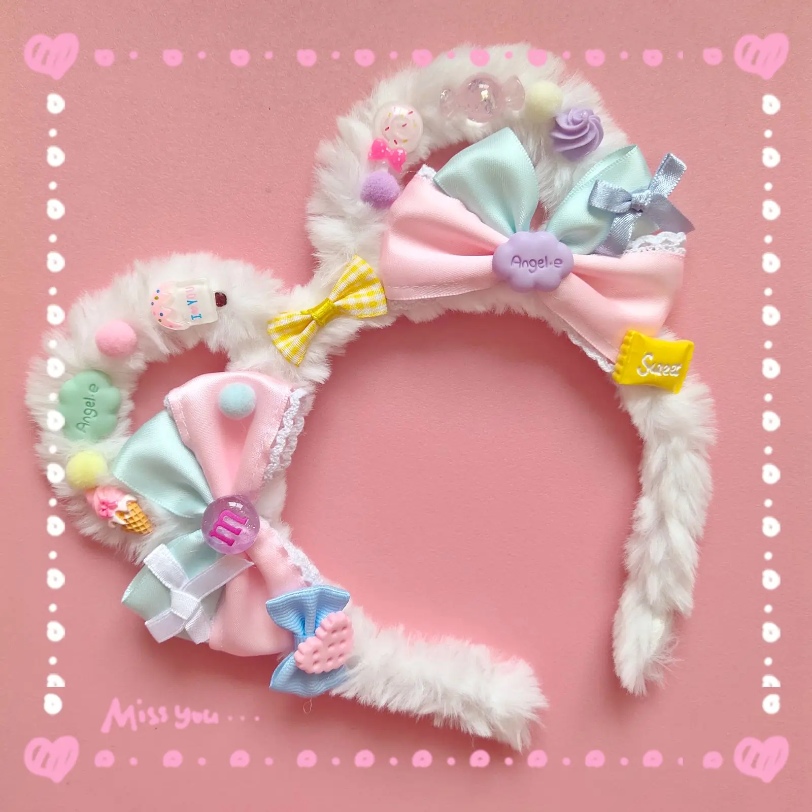 

Original Hand-Made Sweet Hairband Lo Niang Bear Ear KC Hair Accessories Cream Dessert Lolita Pink Blue Bow Headdress