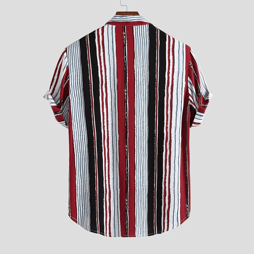 2019 Мужская разноцветная полосатая блузка летняя Свободная Повседневная рубашка с коротким рукавом топы с отложным воротником и