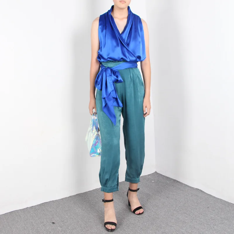

Blouse + Pants 2 pcs Set Minimalism Spring Summer Fashion Women Blue Color Block Design Vest High Waist Harem Trousers Business