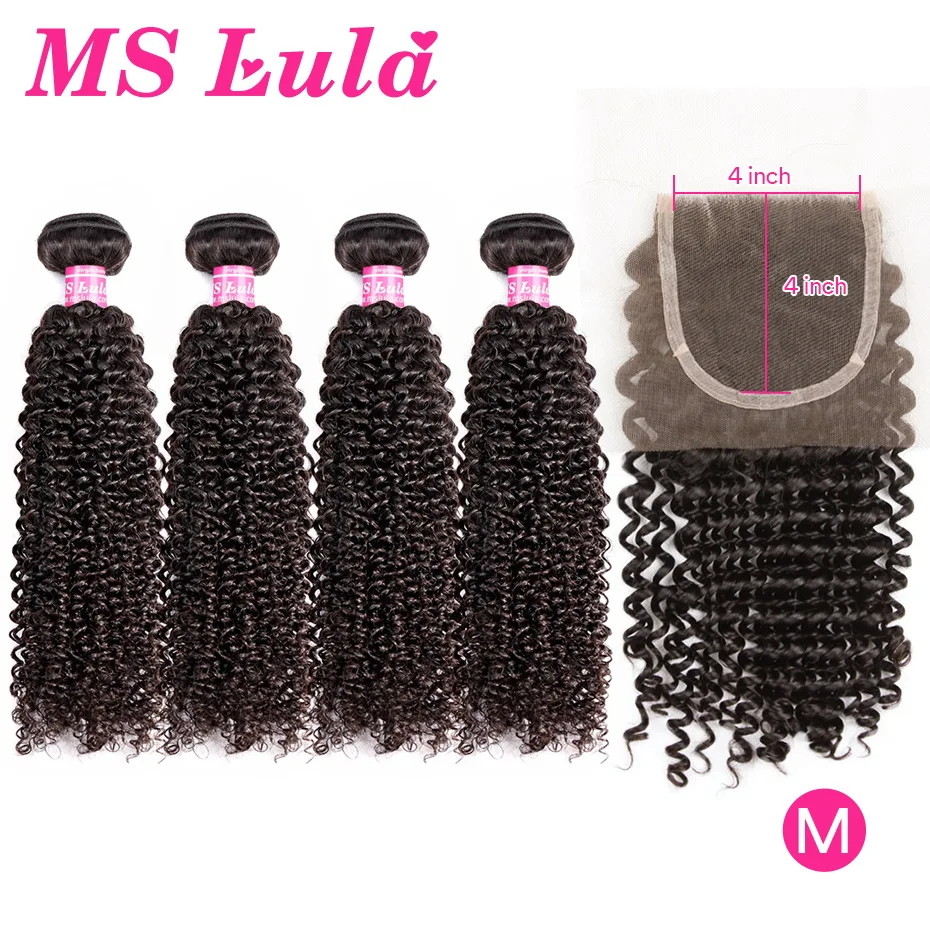 

Ms Lula Hair 4 Bundles Brazilian Kinky Curly With 4x4 Lace Closure 100% Remy Human Hair Natural Color Free Shipping For Women
