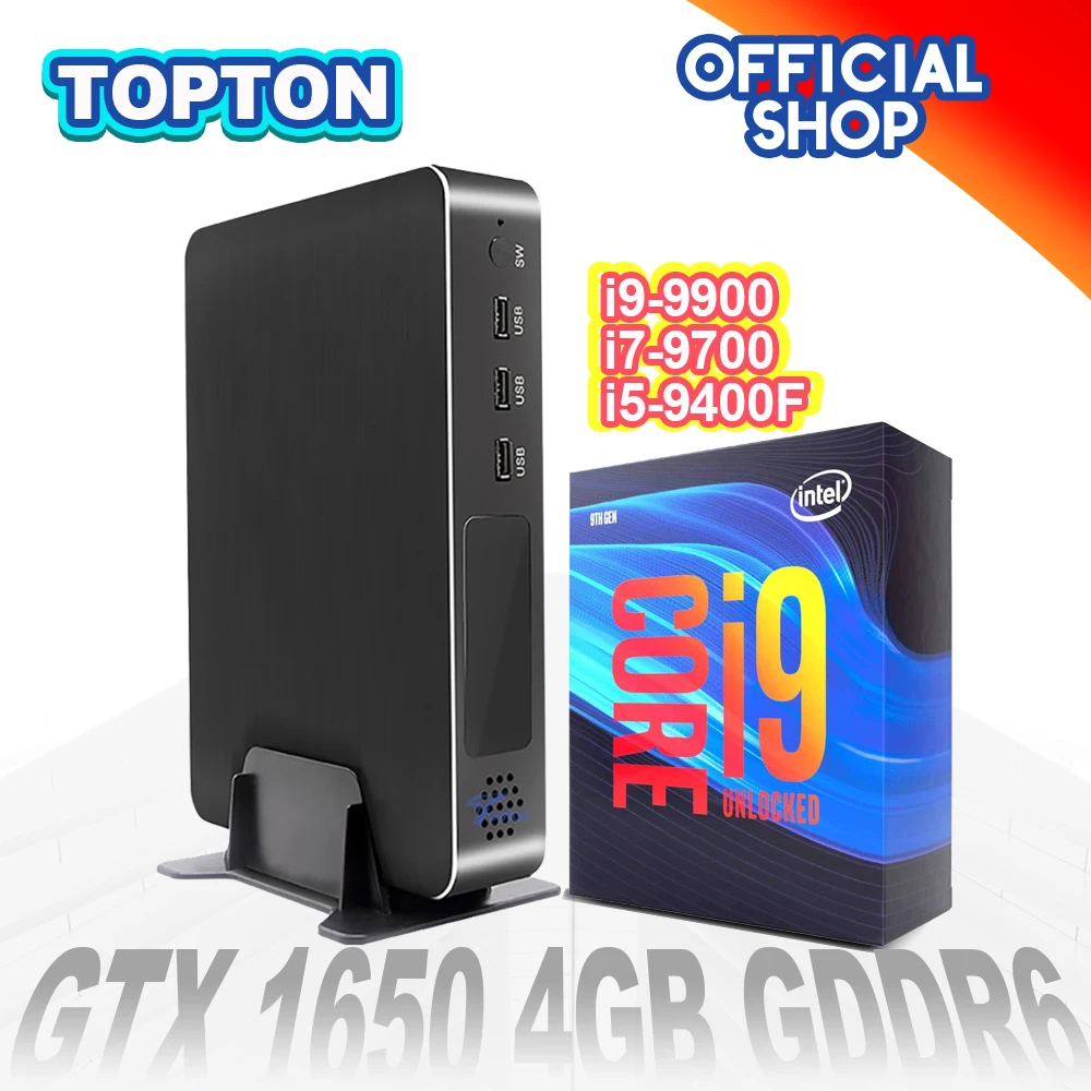Topton игровой компьютер Intel Core i9-9900 i7-9700 i5-9400F GTX 1650 4 Гб GDDR6 Мини ПК Windows Liunx 4K 2 * HDMI2.0 DP DVI