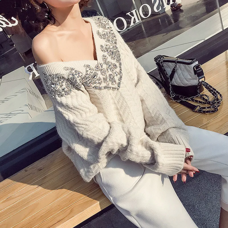 

Sweater Women White Knitted Tops Autumn Winter Clothes Women Beaded V-neck Pullover Sweater Vintage Women off shoulder sweater