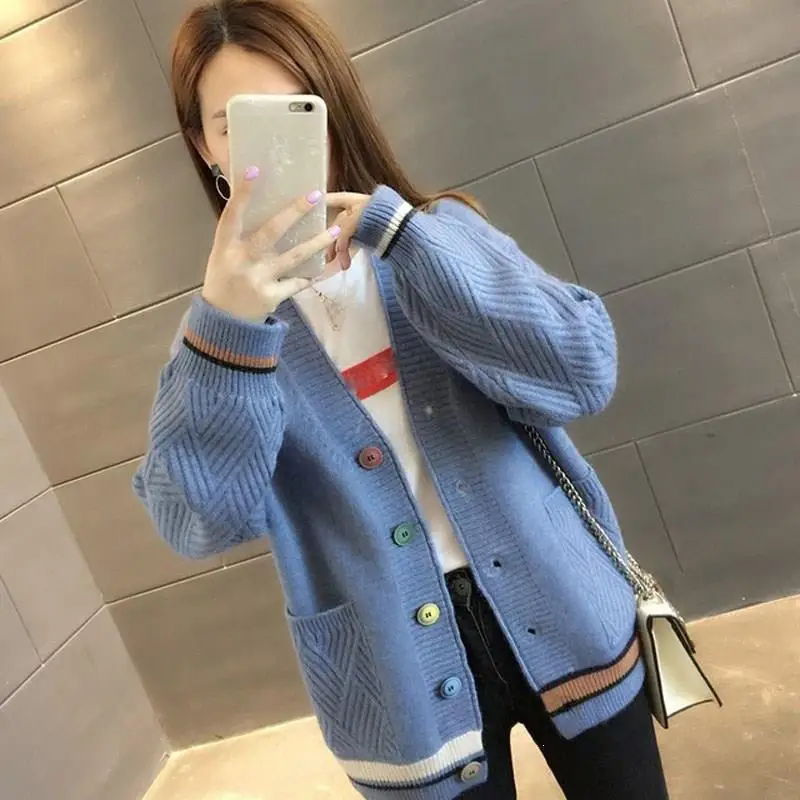 

2019 Fall Winter Women Loose Knit Cardigans Long Sleeve V-Neck Knitted Sweater Female Casual Short Cardigans Top
