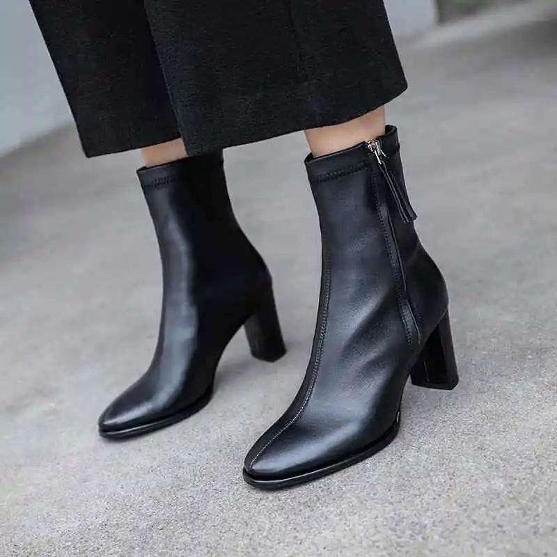 black cow leather Krazing pot/базовая одежда; суперзвезда; натуральная кожа; Высокий каблук; круглый носок; молния; винтажный дизайн; рок-девушка; Черные ботильоны; l10 - Цвет: black cow leather