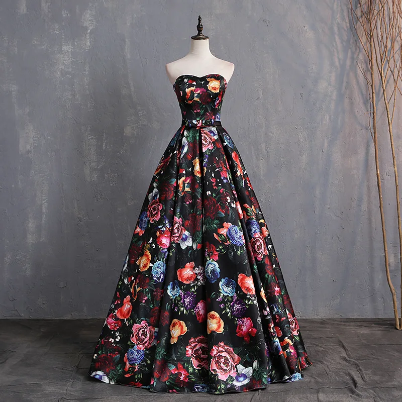 

Evening Dresses 2020 New Arrival Strapless A Line Big Rose Floral Printed Prom Gown Sweep Train Dresses robe de soriee